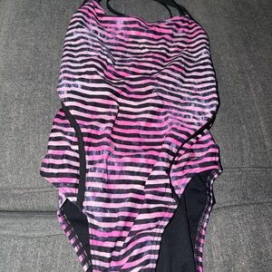 Speedo Pink and Black Striped One-Piece Swimsuit